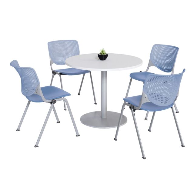 KFI Studios KOOL Round Pedestal Table With 4 Stacking Chairs, White/Peri Blue 8.11774E+11