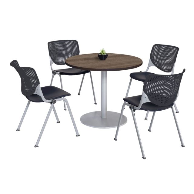 KFI Studios KOOL Round Pedestal Table With 4 Stacking Chairs, Studio Teak/Black MPN:811774036894
