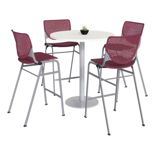 KFI Studios KOOL Round Pedestal Table With 4 Stacking Chairs, 41inH x 36inD, Designer White/Burgundy MPN:811774037068