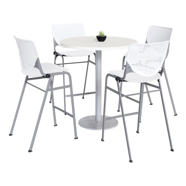 KFI Studios KOOL Round Pedestal Table With 4 Stacking Chairs, 41inH x 36inD, Designer White/White MPN:811774037075