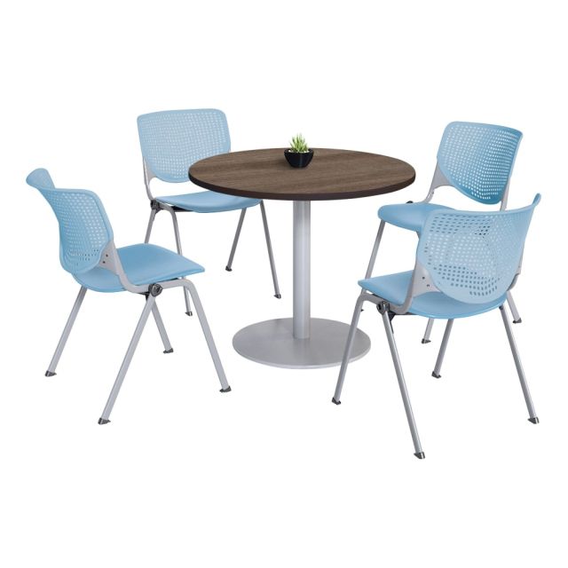 KFI Studios KOOL Round Pedestal Table With 4 Stacking Chairs, Studio Teak/Sky Blue MPN:811774036900