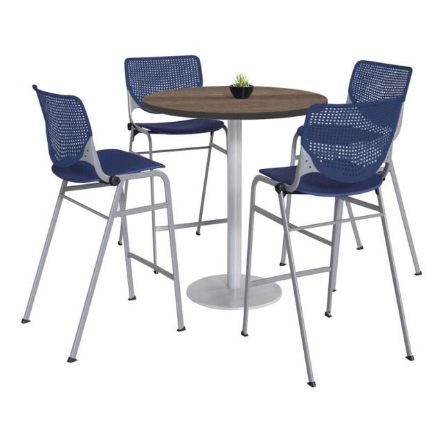 KFI Studios KOOL Round Pedestal Table With 4 Stacking Chairs, 41inH x 36inD, Studio Teak/Navy MPN:811774037266