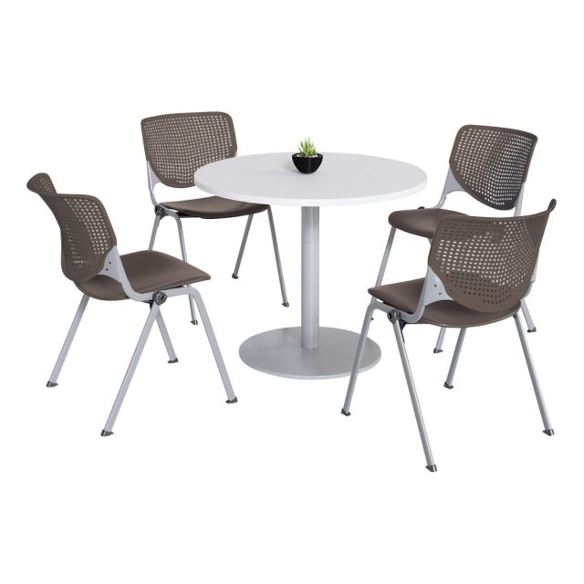 KFI Studios KOOL Round Pedestal Table With 4 Stacking Chairs, White/Brownstone 8.11774E+11