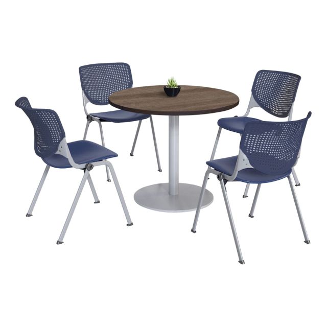 KFI Studios KOOL Round Pedestal Table With 4 Stacking Chairs, Studio Teak/Navy MPN:811774036870