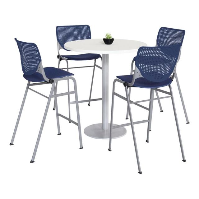 KFI Studios KOOL Round Pedestal Table With 4 Stacking Chairs, 41inH x 36inD, Designer White/Navy MPN:811774037051