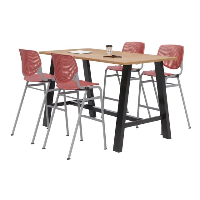 KFI Midtown Bistro Table With 4 Stacking Chairs, 41inH x 36inW x 72inD, Kensington Maple/Coral Orange MPN:840031900838