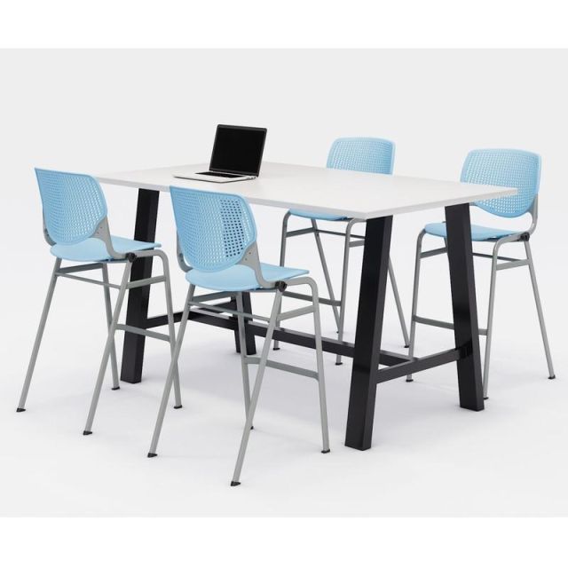 KFI Midtown Bistro Table With 4 Stacking Chairs, 41inH x 36inW x 72inD, Designer White/Sky Blue MPN:840031900630