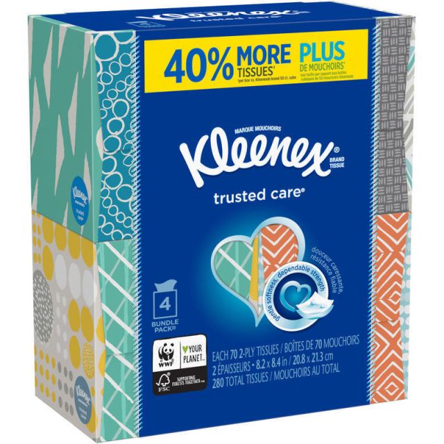 Kleenex Trusted Care 2-Ply Facial Tissues, White, 70 Tissues Per Box, Pack Of 4 (Min Order KCC50184