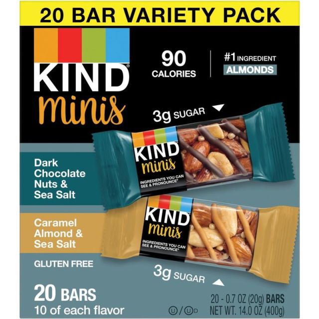 KIND Minis Nuts & Sea Salt Nut Bars Variety - Cholesterol-free, Gluten-free, Low Glycemic, Trans Fat Free, Low Sugar, Low Sodium - Dark Chocolate Nuts and Sea Salt, Caramel Almond and Sea Salt - 1.03 lb - 20 / Pack (Min Order Qty 3) MPN:27964