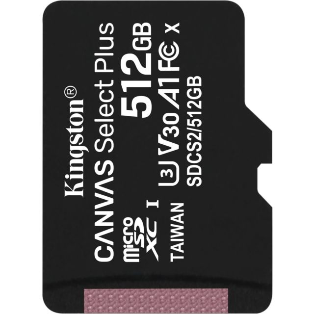 Kingston Canvas Select Plus SDCS2 512 GB Class 10/UHS-I (U3) microSDXC - 1 Pack - 100 MB/s Read - 85 MB/s Write - Lifetime Warranty MPN:SDCS2/512GBSP