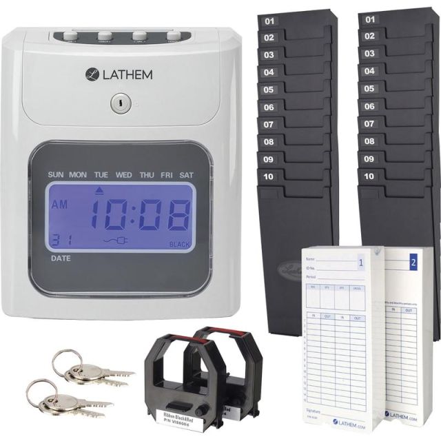 Lathem 400E Top Feed Electronic Time Clock Kit - Card Punch/Stamp - Month, Date, Week, Time, Bi-weekly, Semi-monthly, Month Record Time MPN:400EKIT