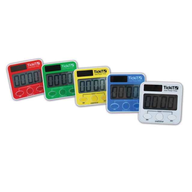 Learning Advantage Dual Power Timers, 2-9/16inH x 2-9/16inW x 1/2inD, Assorted Colors, Pack Of 5 Timers MPN:CTU9500