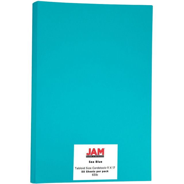 JAM Paper Cover Card Stock, 11in x 17in, 65 Lb, 30% Recycled, Sea Blue, Pack Of 50 Sheets MPN:16728482