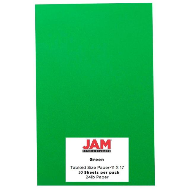 JAM Paper Cover Card Stock, 11in x 17in, 65 Lb, 30% Recycled, Green, Pack Of 50 Sheets MPN:16728484
