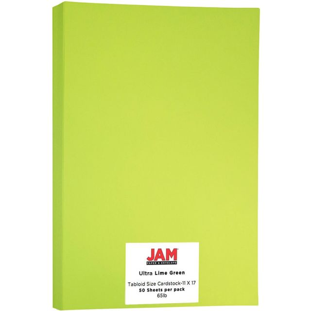 JAM Paper Cover Card Stock, 11in x 17in, 65 Lb, 30% Recycled, Lime Green, Pack Of 50 Sheets MPN:16728486