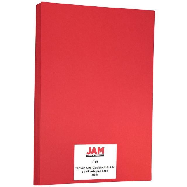 JAM Paper Cover Card Stock, 11in x 17in, 65 Lb, 30% Recycled, Re-Entry Red, Pack Of 50 Sheets MPN:16728488