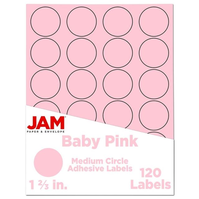 JAM Paper Circle Labels, 1 2/3in, Baby Pink, 24 Labels Per Sheet, Pack Of 5 Sheets (Min Order Qty 3) MPN:147628279