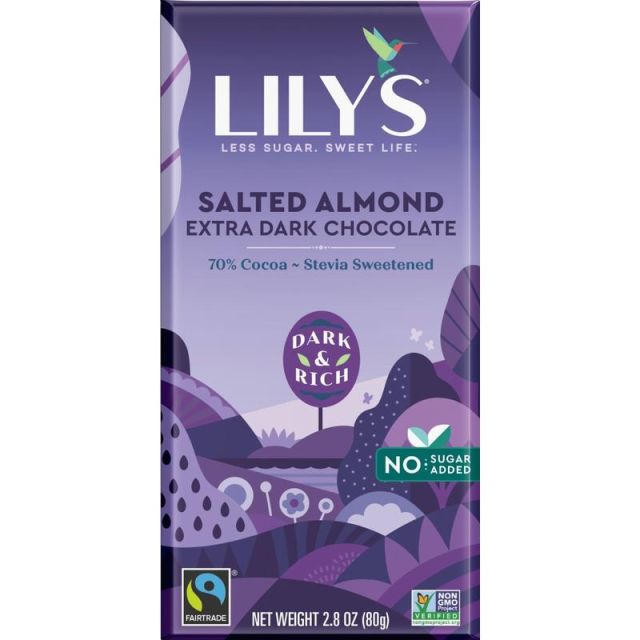 Lilys Salted Almond Extra-Dark Chocolate Bar, 2.8 Oz, Pack Of 12 Bars MPN:381