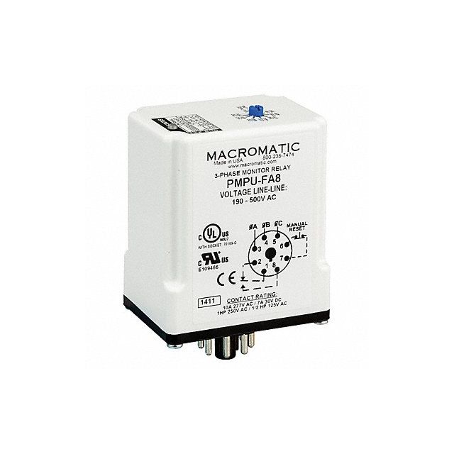 Phase Monitor Relay 190-500VAC Plug SPDT MPN:PMPU-FA8