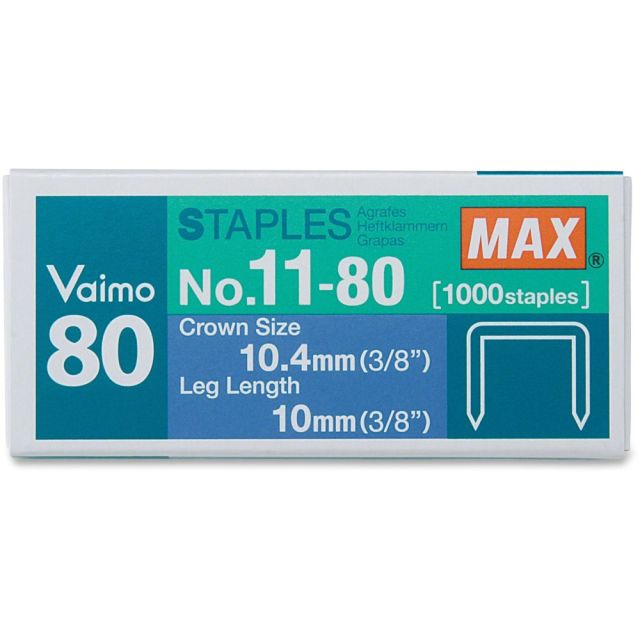 MAX Vaimo 80 Stapler Replacement Staples - 3/8in Leg - 3/8in Crown - Silver1000 / Box (Min Order Qty 8) MPN:NO1180