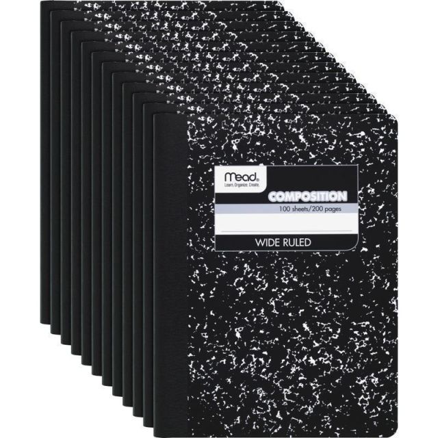 Mead Composition Books, 7.5in x 9.75in, Wide Ruled, 100 Sheets, Black Marble, Pack Of 12 (Min Order Qty 2) MPN:09910CT