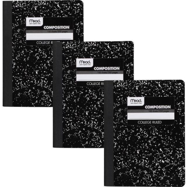 Mead Composition Notebooks, 9 3/4in x 7 1/2in, College Ruled, 100 Sheets, Black Marble, Pack Of 3 (Min Order Qty 3) MPN:38111