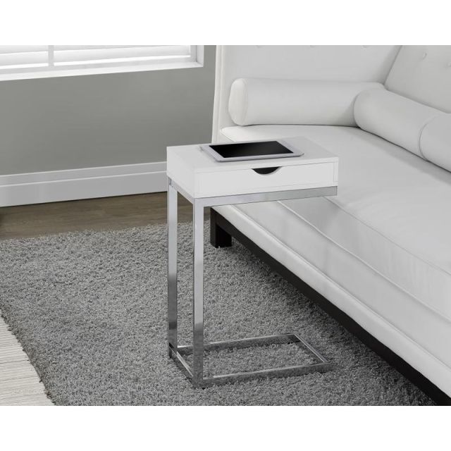 Monarch Specialties Accent Table With Side Drawer, Glossy White/Chrome MPN:I 3031