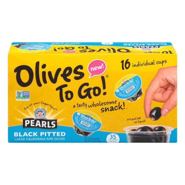 Pearls Large Black Pitted Olives To-Go Cups, 1.2 Oz, Pack Of 16 Cups (Min Order Qty 2) MPN:40223