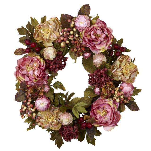 Nearly Natural Polyester Peony Hydrangea Wreath, 24in, Autumn MPN:4930