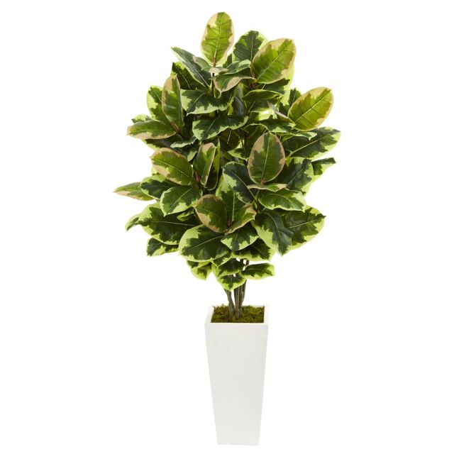 Nearly Natural 4ftH Plastic Variegated Rubber Leaf Plant With Tower Vase, Green/White MPN:6400