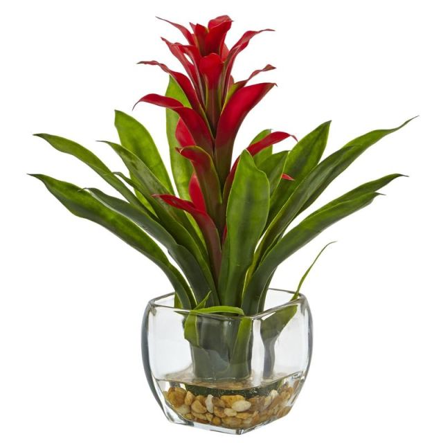 Nearly Natural 12inH Bromeliad Arrangement With Glass Vase, Red MPN:6897-RD