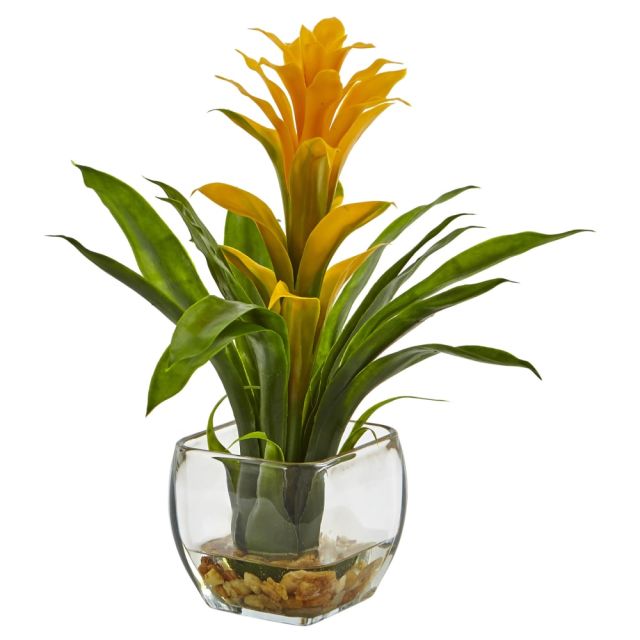 Nearly Natural 12inH Bromeliad Arrangement With Glass Vase, Yellow MPN:6897-YL