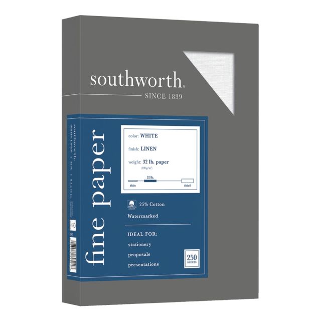 Southworth 25% Cotton Linen Business Multi-Use Print & Copy Paper, Letter Size (8 1/2in x 11in), 32 Lb, 55% Recycled, FSC Certified, White, Box Of 250 (Min Order Qty 2) MPN:J558C