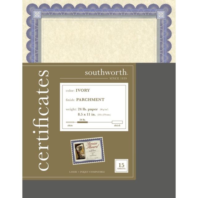 Southworth Foil Enhanced Preprinted Certificate Refills, 8 1/2in x 11in, Ivory/Silver/Blue, Pack Of 15 (Min Order Qty 8) MPN:CT1R