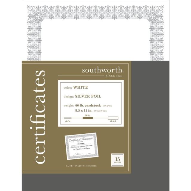 Southworth Premium Foil Certificates, 8 1/2in x 11in, 66 Lb White/Silver Foil Fleur, Pack Of 15 (Min Order Qty 5) MPN:CTP1W