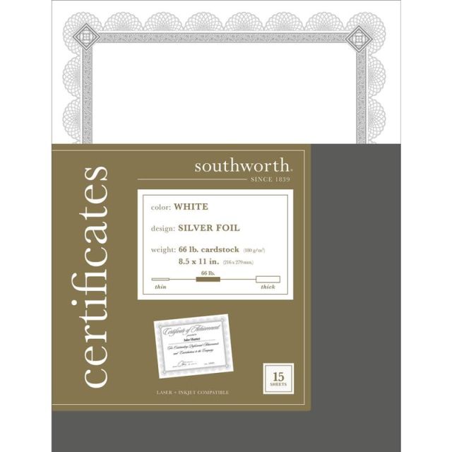 Southworth Premium-Weight Foil Certificates, 8 1/2in x 11in, White/Silver Foil Spiro, Pack Of 15 (Min Order Qty 4) MPN:CTP2W
