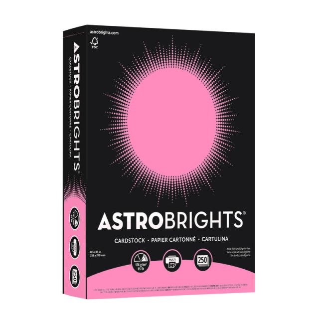 Astrobrights Color Card Stock, 8 1/2in x 11in, FSC Certified, 65 Lb, Pulsar Pink, Pack Of 250 (Min Order Qty 5) MPN:98854