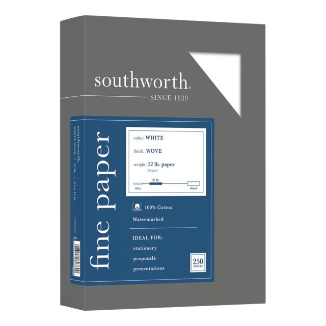 Southworth 100% Cotton Business Paper, 8 1/2in x 11in, 32 Lb, White, Box Of 250 (Min Order Qty 3) MPN:JD18C/3/6