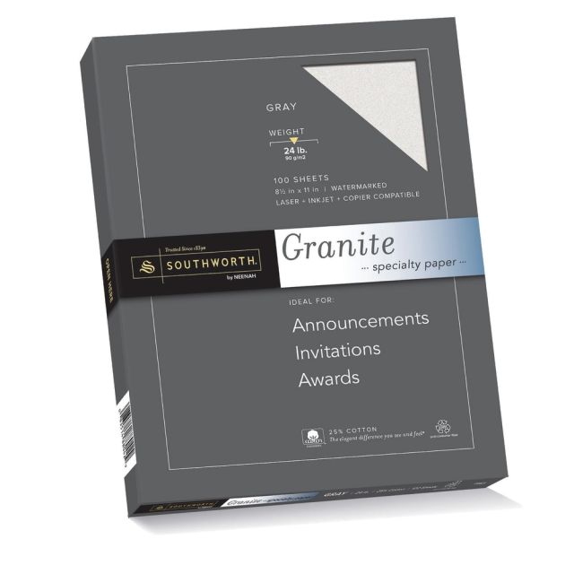 Southworth Granite Specialty Paper, 8 1/2in x 11in, 24 Lb, 75% Recycled, Gray, Pack Of 100 Sheets (Min Order Qty 4) MPN:P914CK/3/36