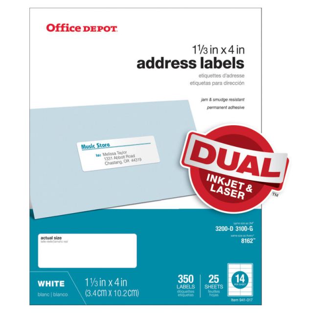 Office Depot Brand Inkjet/Laser Address Labels, Rectangle, 1 1/3in x 4in, White, Pack 505-O004-0018