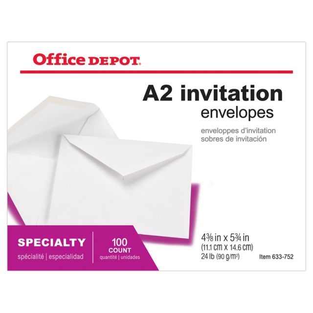 Office Depot Brand Invitation Envelopes, A2, 4-3/8in x 5-3/4in, Gummed Seal, White, Box Of 100 (Min Order Qty 18) MPN:633752