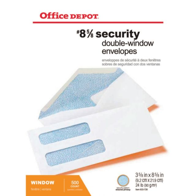Office Depot Brand #8 5/8 Security Envelopes, Double Window, 3-5/8in x 8-5/8in, Gummed Seal, White, Box Of 500 (Min Order Qty 4) MPN:ODP77158