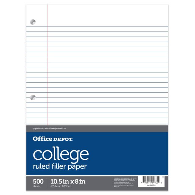 Office Depot Brand Notebook Filler Paper, College Ruled, 8in x 10 1/2in, White, Pack Of 500 Sheets (Min Order Qty 9) MPN:LL0175462
