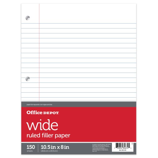 Office Depot Brand Notebook Filler Paper, Wide Ruled, 8in x 10 1/2in, 3-Hole Punched, White, Pack Of 150 Sheets (Min Order Qty 25) MPN:OD589483
