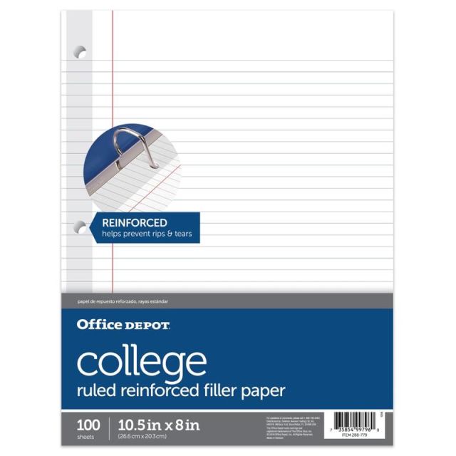 Office Depot Brand Reinforced Filler Paper, 8in x 10 1/2in, College Ruled, White, Pack Of 100 (Min Order Qty 17) MPN:YG1410242