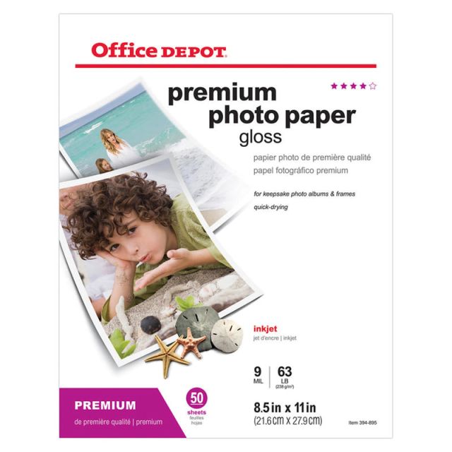 Office Depot Brand Premium Photo Paper, Gloss, Letter Size (8 1/2in x 11in), 9 Mil, Pack Of 123427