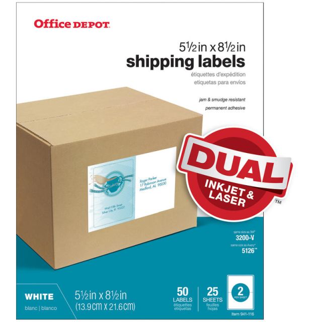 Office Depot Brand Inkjet/Laser Shipping Labels, Rectangle, 5 1/2in x 8 1/2in, White, 505-O004-0022