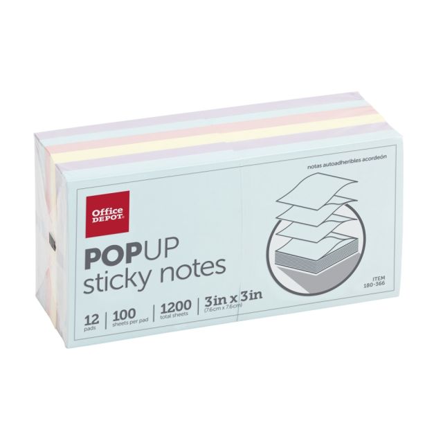 Office Depot Brand Pop Up Sticky Notes, 3in x 3in, Assorted Pastel Colors, 100 Sheets Per Pad, Pack Of 12 Pads (Min Order Qty 19) MPN:21395-PSTL
