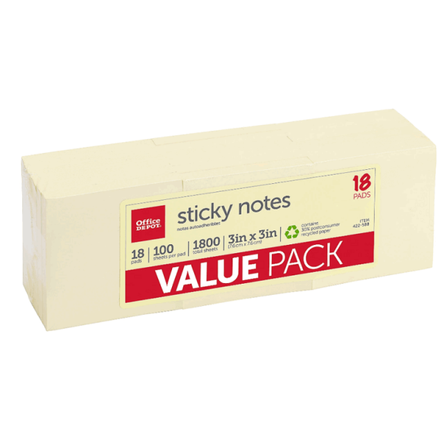 Office Depot Brand Sticky Notes Value Pack, 30% Recycled, 3in x 3in, Yellow, 100 Sheets Per Pad, Pack Of 18 Pads (Min Order Qty 14) MPN:21433