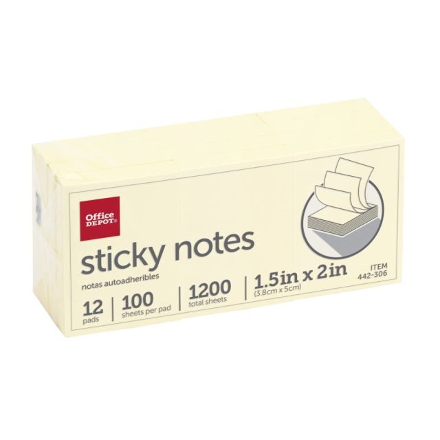 Office Depot Brand Sticky Notes, 1-1/2in x 2in, Yellow, 100 Sheets Per Pad, Pack Of 12 Pads 21530
